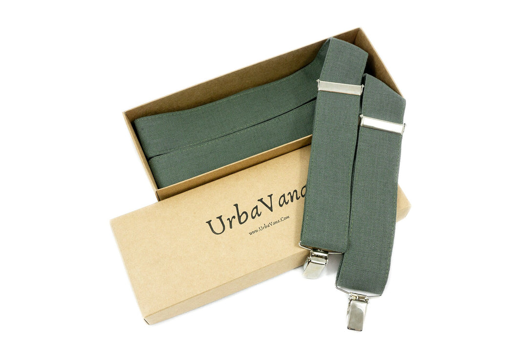 Dark Dusty Sage green color adjustable Y-back linen wedding suspenders