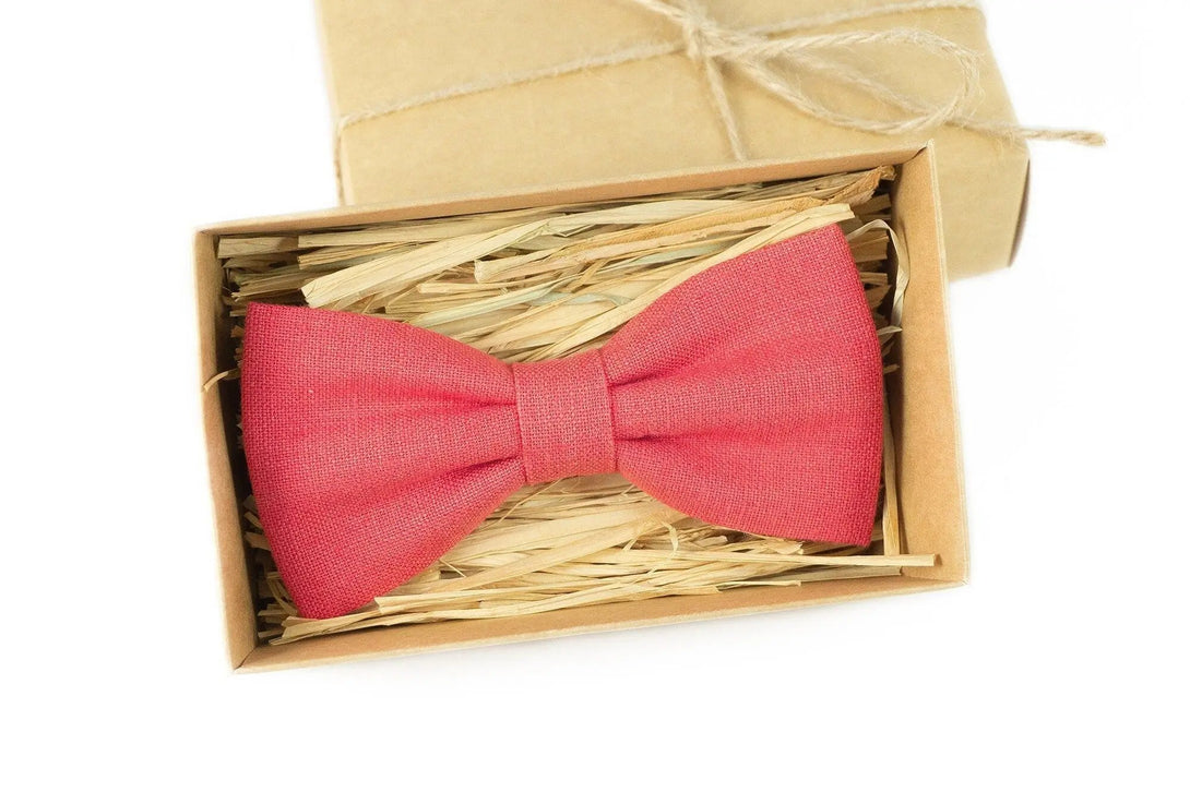 Coral color linen wedding bow ties for groomsmen proposal gift / Pre-tied ties for men and toddler boys