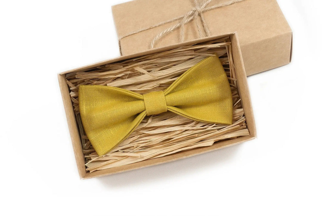 Yellow Mustard linen ties for men and kids / Linen wedding necktie for groomsmen and groom