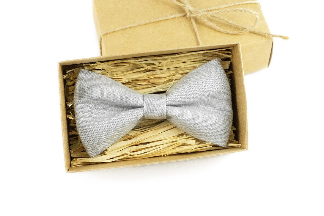 Light Gray linen pre-tied best men ties available with matching pocket square / Handmade bow ties for men