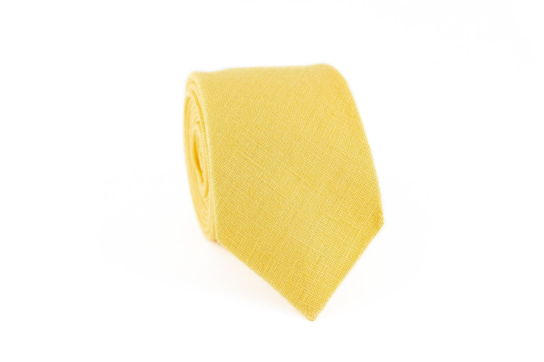 Yellow color linen pocket square or handkerchief for men available with matching bow tie or necktie - yellow skinny slim standard necktie