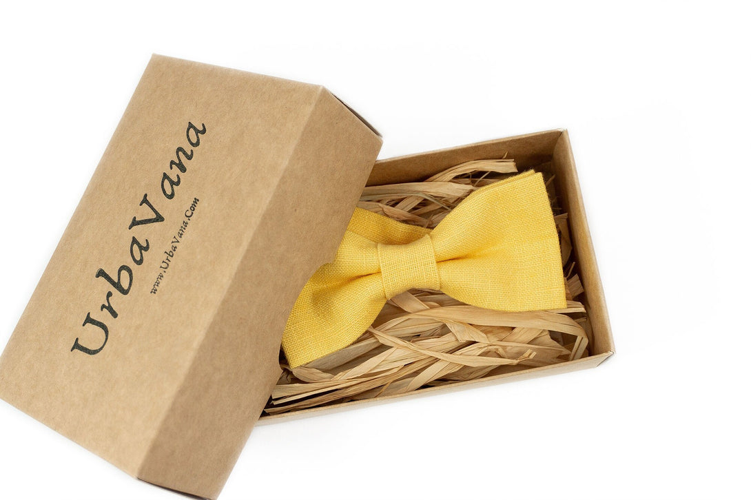 Yellow color linen pretied bow tie for men - mens wedding bow ties for groomsmen