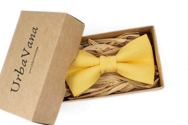 Light yellow linen bow tie for groom and groomsmen as wedding day gift - light yellow pre-tied bow ties for men and baby boys