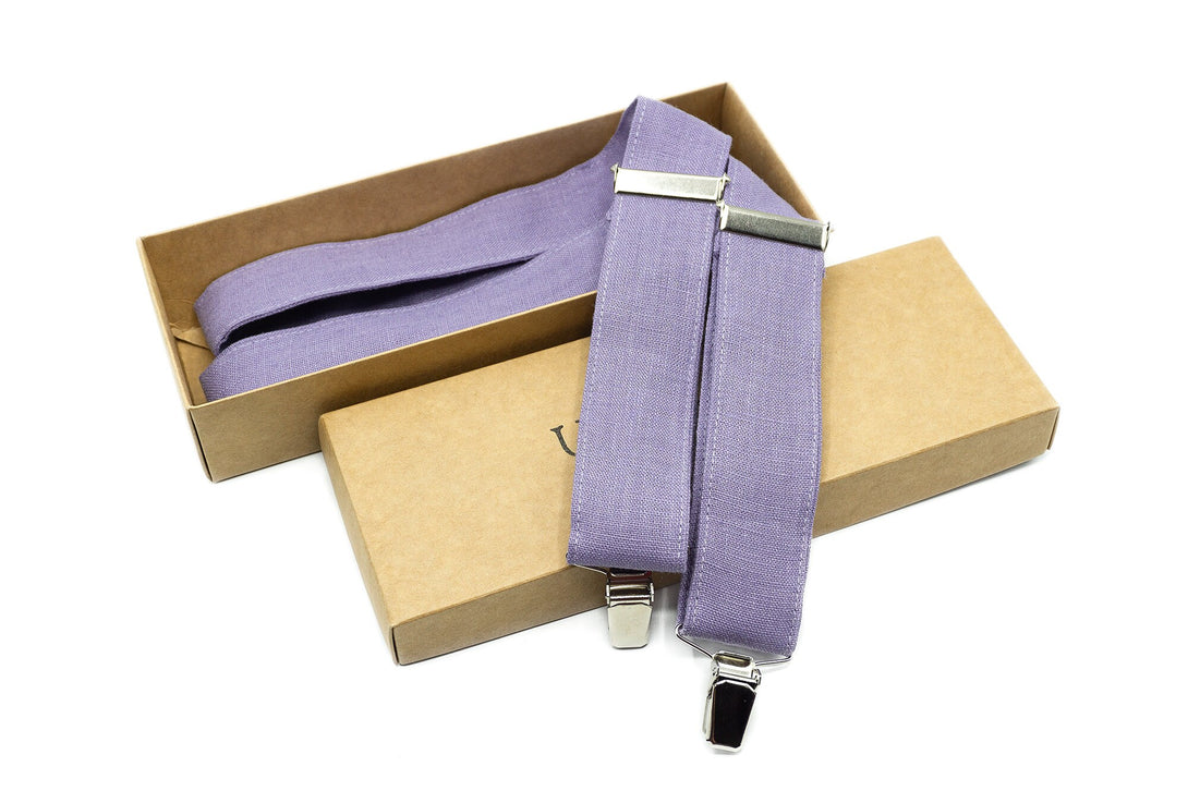 Lavender color adjustable Y-back linen wedding suspenders for groomsmen and groom / Lavender color adult and boys suspenders and bow ties