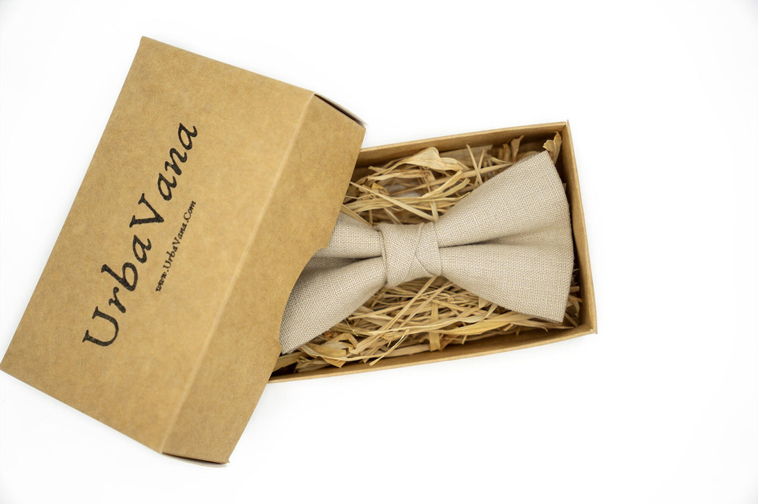 Beige color linen wedding bow ties for groomsmen and ring bearer
