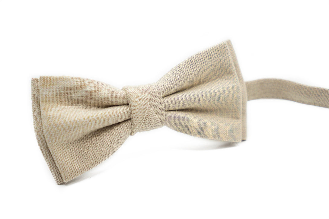 Beige color linen bow ties and neckties available with matching pocket square for Groomsmen / Beige Butterfly bow ties for men and boys