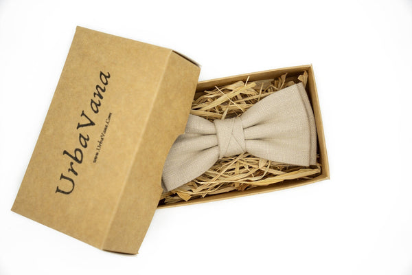Beige color linen bow ties and neckties available with matching pocket square for Groomsmen / Beige Butterfly bow ties for men and boys