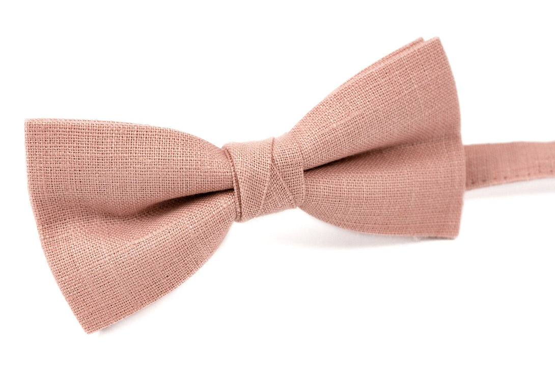 Pink color linen groomsmen bow ties for boho weddings - pocket square