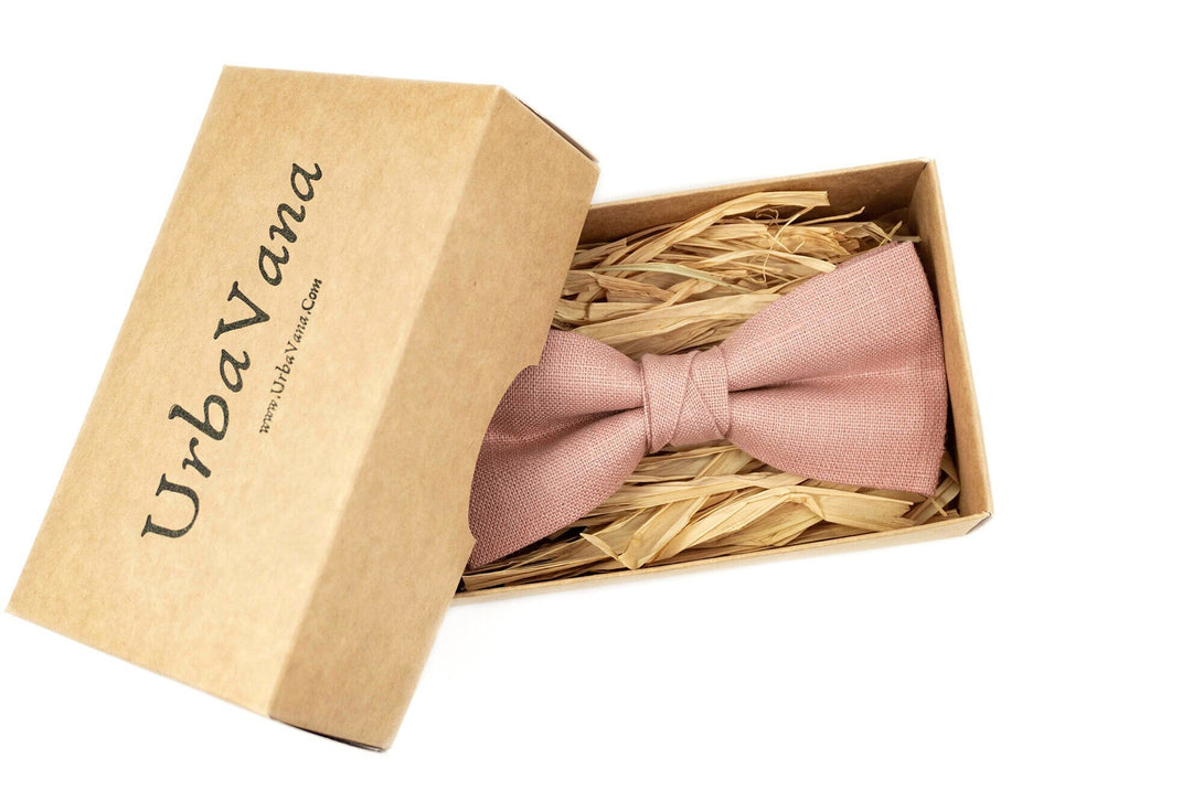 Pink color linen groomsmen bow ties for boho weddings - pocket square