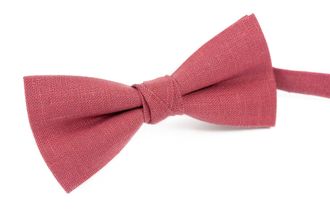 Dark Rose color pre-tied groomsmen bow tie for weddings - Chianti color linen skinny slim standard necktie for man