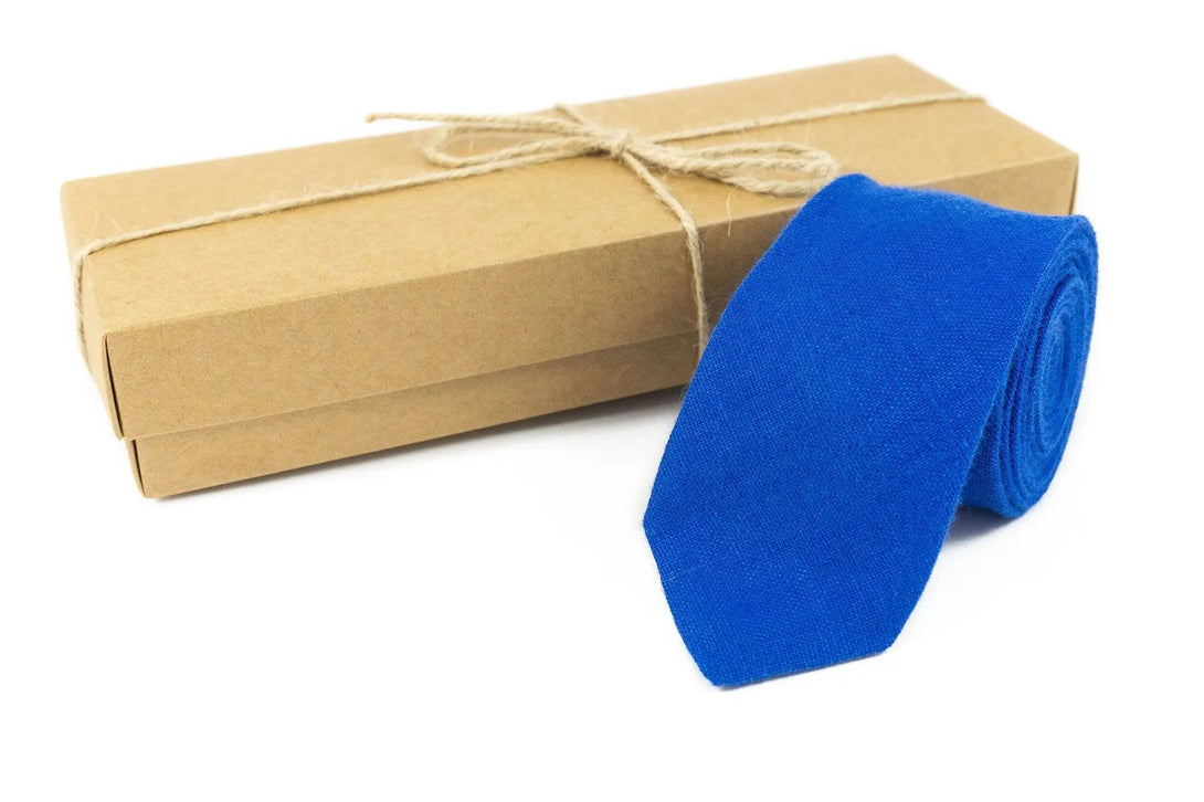 Royal Blue color linen wedding necktie for groomsmen / Unique anniversary gift for husband or father