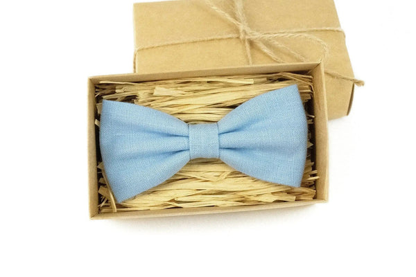 Sky blue linen butterfly bow ties for man and toddler boys / Handmade skinny wedding neckties