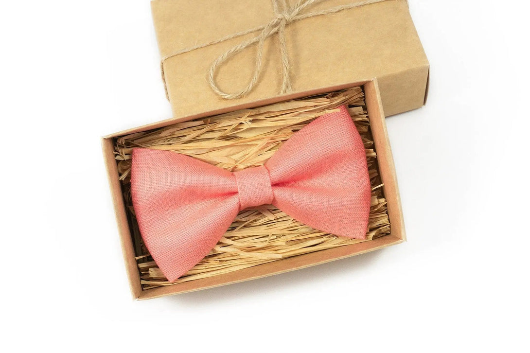 Salmon color pre-tied groomsmen bow ties for wedding available with matching pocket square / Gift for men