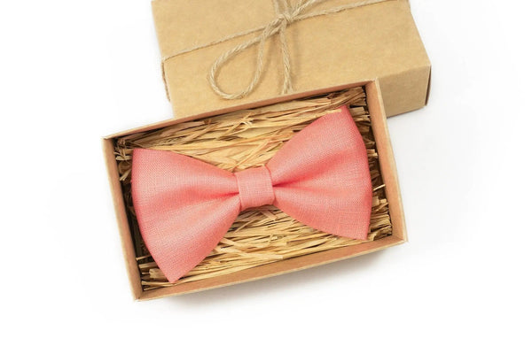 Salmon color pre-tied groomsmen bow ties for wedding available with matching pocket square / Gift for men