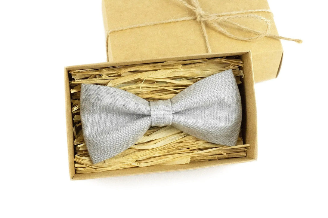 Light Gray linen men's wedding bow ties for groomsman / Pre-tied bow ties baby shower gift ideas