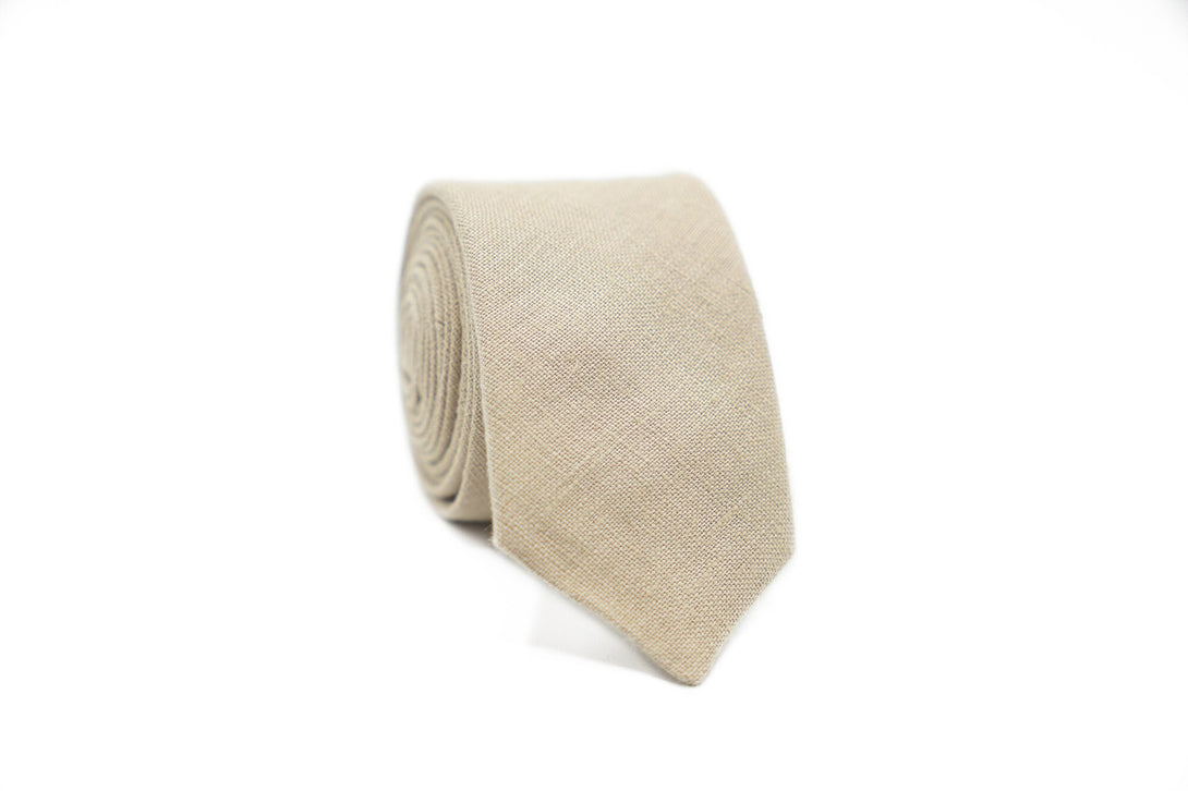Beige color pre tied linen wedding ties and matching pocket squares