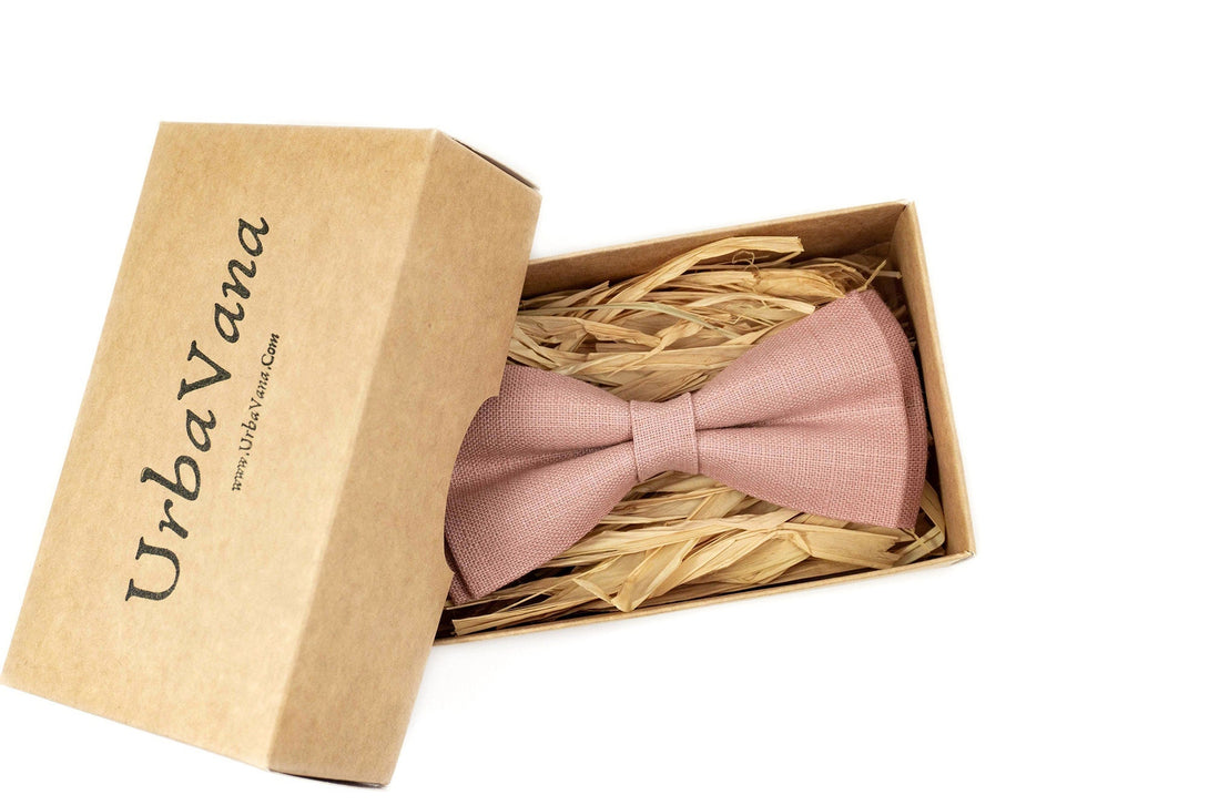 Pink color classic wedding bow ties for groomsmen - linen skinny necktie