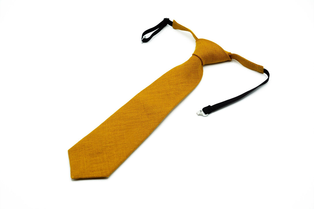 Mustard Color Pre - Tied men's linen necktie for weddings available with matching pocket square / Pre - Tied Boy's Mustard necktie