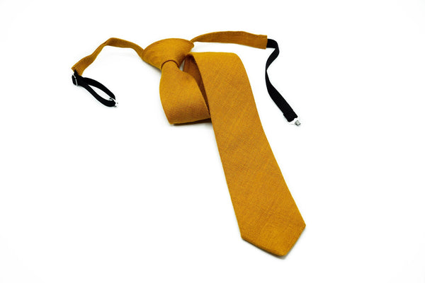 Mustard Color Pre - Tied men's linen necktie for weddings available with matching pocket square / Pre - Tied Boy's Mustard necktie