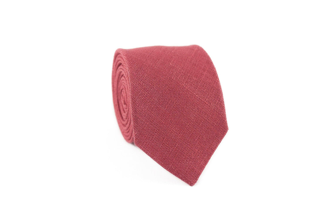 Dark Rose color wedding necktie for groomsmen and groom - Chianti rose linen necktie for man