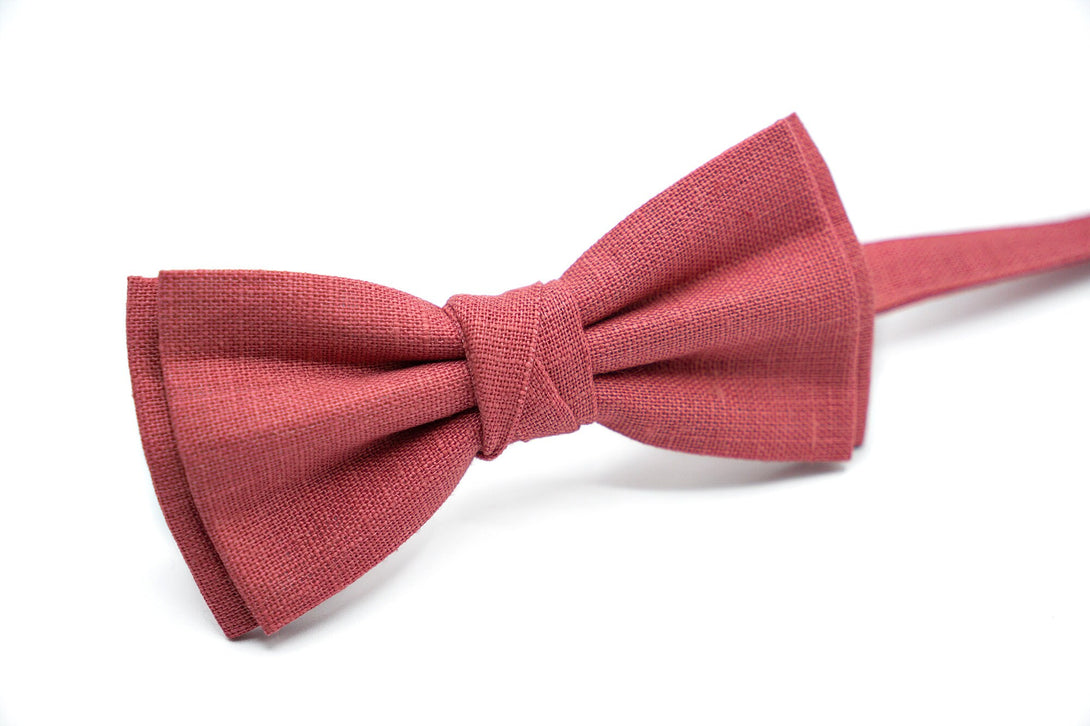 Dark Rose color butterfly wedding bow ties for groomsmen / Chianti color linen skinny slim standard necktie for man