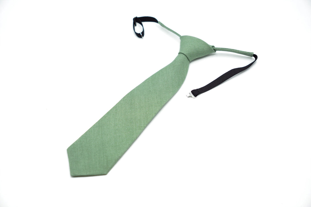 Sage Green Pre - Tied linen groomsmen necktie for weddings available with matching pocket square / Pre - Tied Boy's Sage necktie