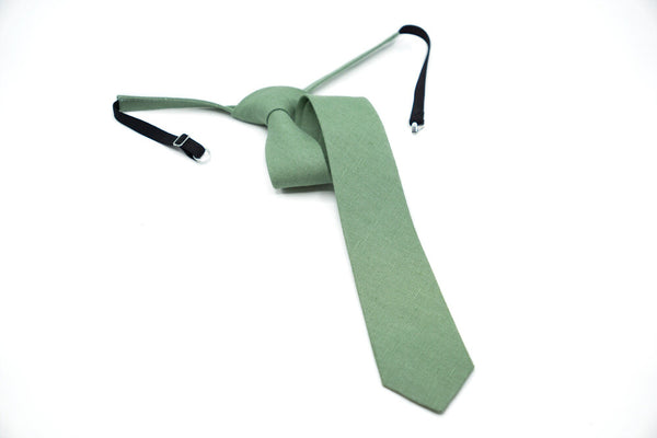 Sage Green Pre - Tied linen groomsmen necktie for weddings available with matching pocket square / Pre - Tied Boy's Sage necktie