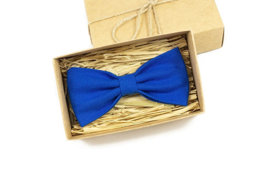 Royal Blue color linen ties for men available with matching pocket square/ Pre-tied groomsmen tie for pre wedding gift