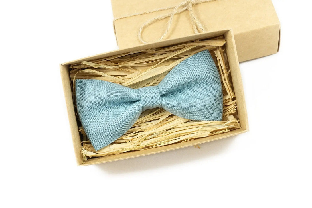 Sea Blue color linen groomsmen ties for weddings available with matching pocket square / Sea blue bow ties for men and toddler boys