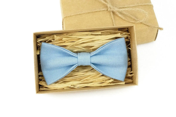 Sky blue linen pre-tied men's bow ties available with matching handkerchief / Anniversary gift for men