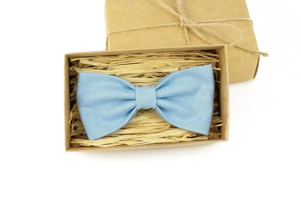 Sky blue linen pre-tied wedding bow ties and skinny regular neckties for groomsman gift / Unique baby shower gift for boy or father