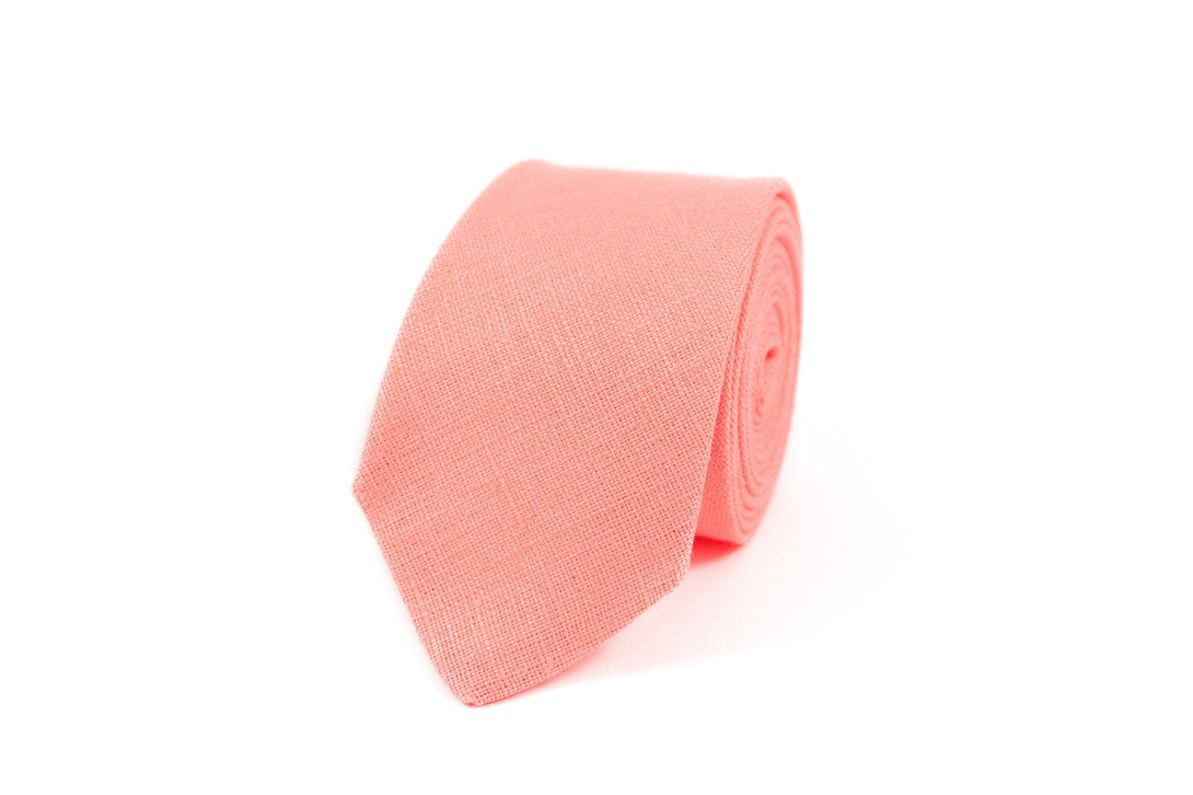 Salmon color linen groomsmen tie for wedding / Skinny slim or standard necktie for man available with matching pocket square