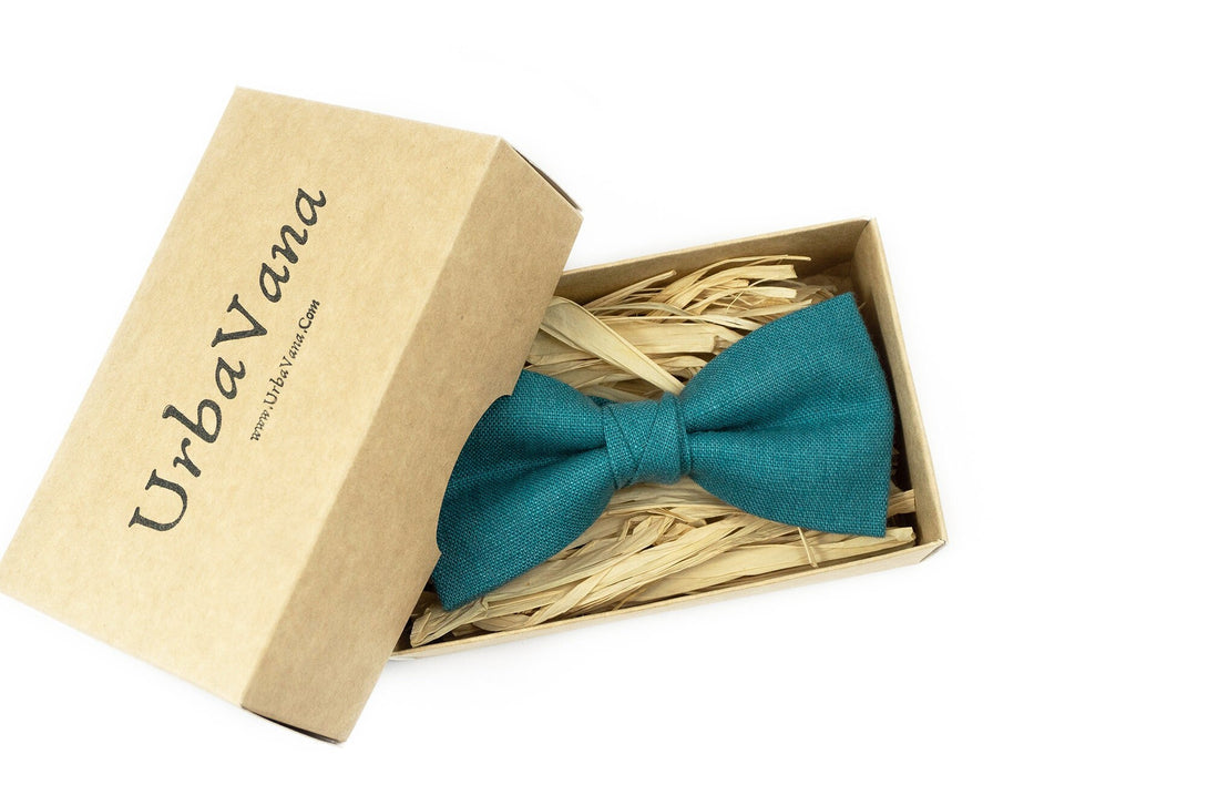 Dark cyan linen wedding bow ties for men and boys