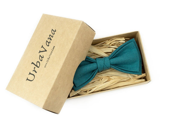 Dark cyan pre-tied linen groomsmen bow tie for wedding