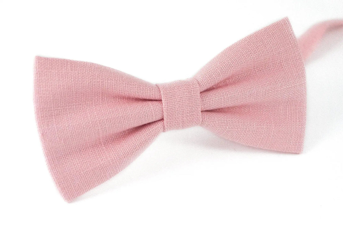 Pink color handmade linen wedding bow ties for groomsman and groom available with matching pocket square