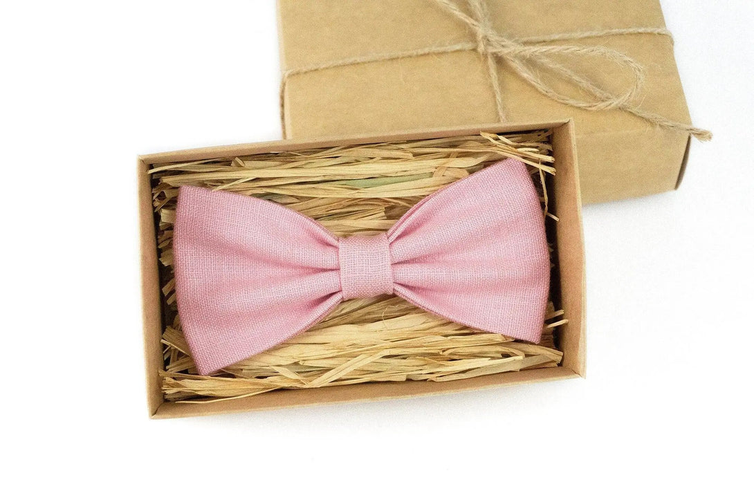 Pink color linen pre-tied bow ties for man and toddler baby boys / Wedding neckties for groomsman and groom