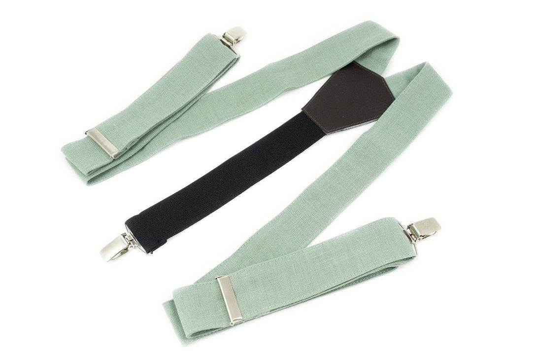 Dusty Light Sage Green wedding bow ties and neckties for groomsmen and groom available with matching pocket square / Dusty Sage suspender