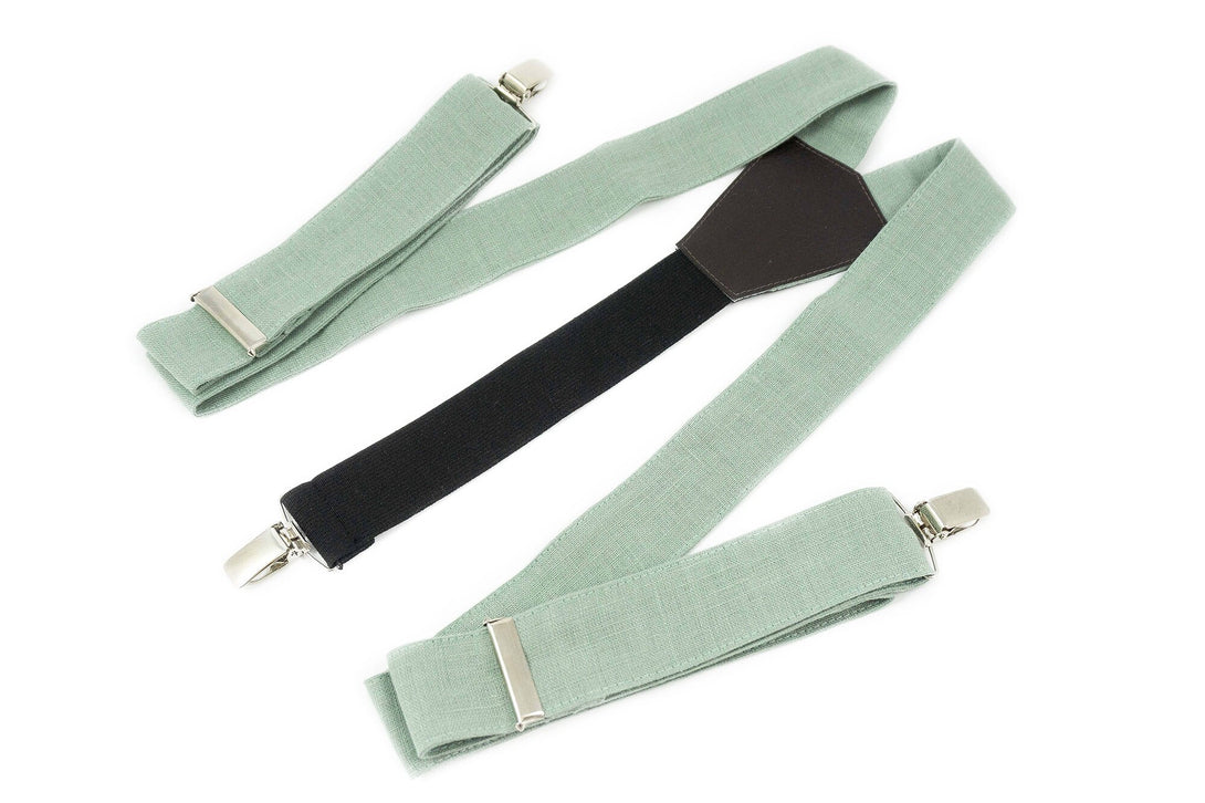 Dusty Light Sage Green linen groomsmen bow ties for weddings available with matching pocket square / Sage men's skinny necktie or suspender