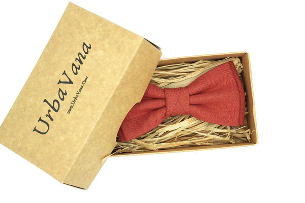 Red Brick linen butterfly wedding bow ties for groomsmen proposal gift available with matching pocket square / Red Brick necktie for man