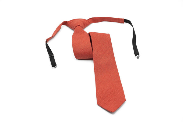 Red Brick Color Pre - Tied men's linen necktie for weddings available with matching pocket square / Pre - Tied Boy's Red Brick color necktie