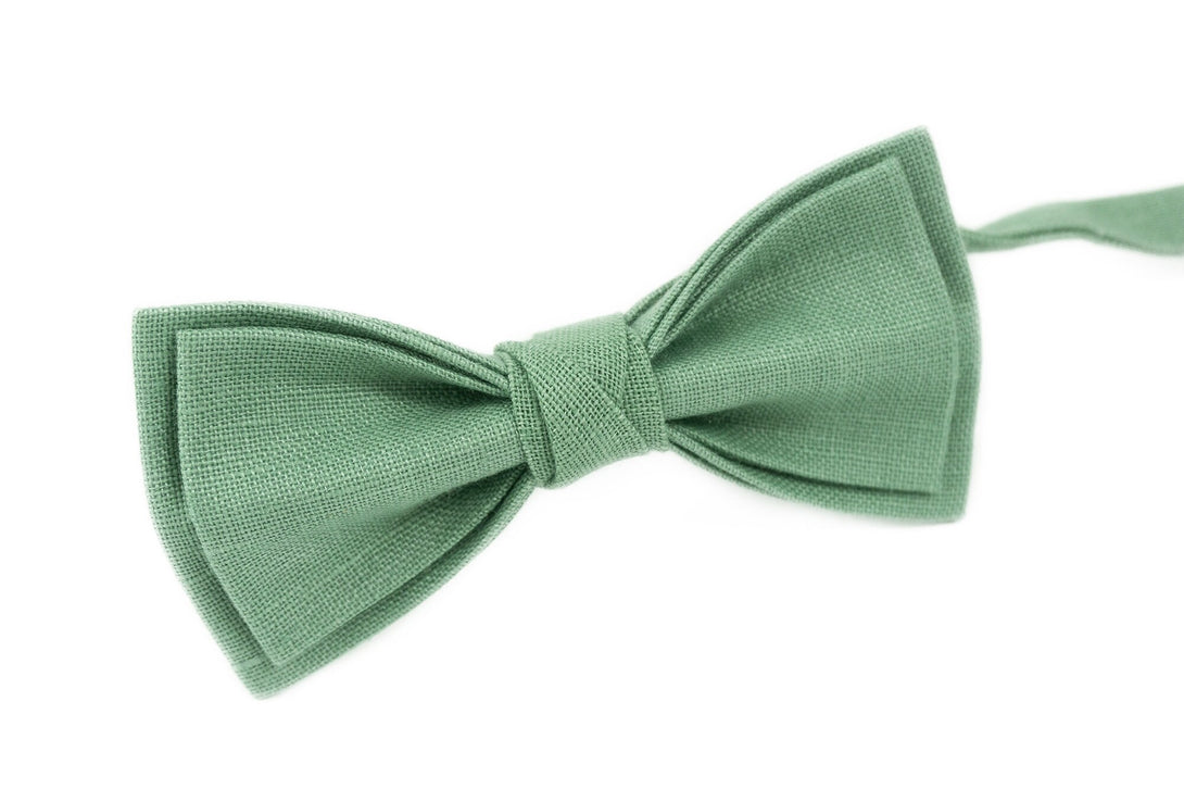 Sage green linen pre-tied wedding bow ties for groomsmen