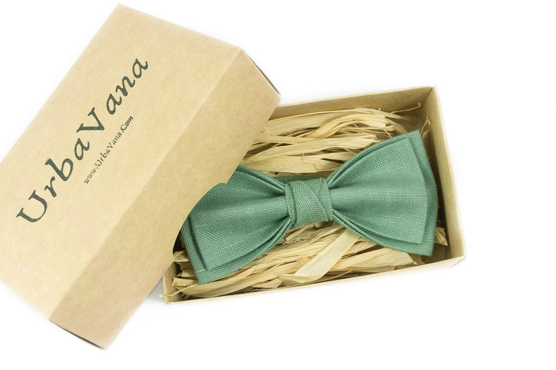 Sage green linen pre-tied wedding bow ties for groomsmen