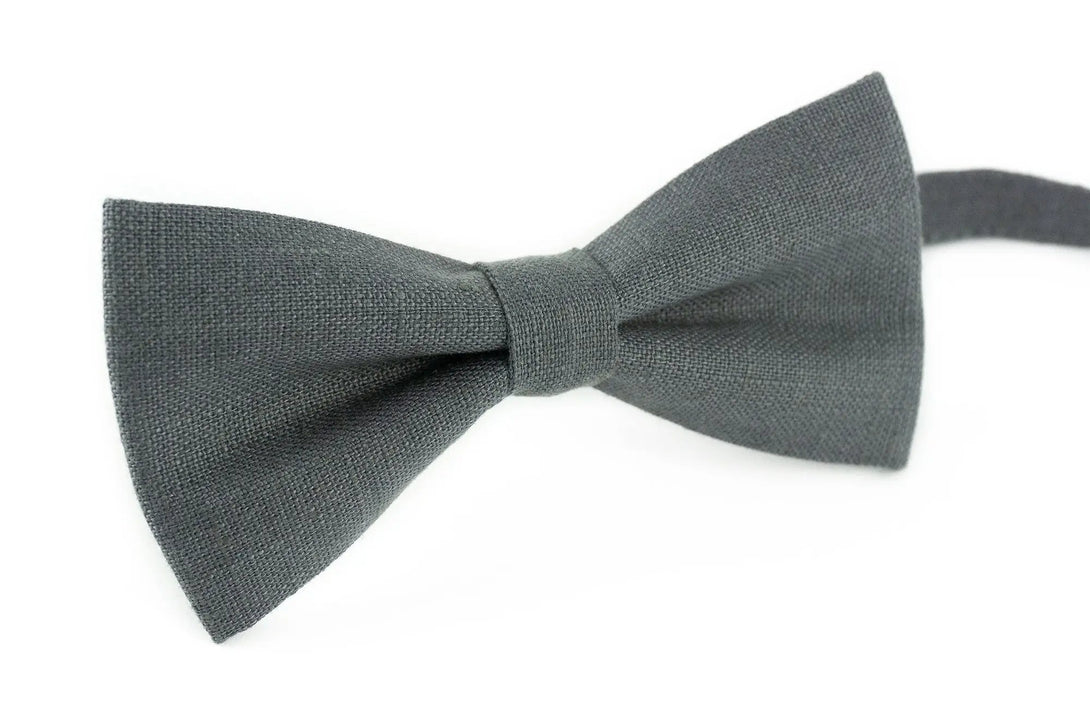 Dark Gray color classic linen bow ties for men and kids / Pre-tied best men ties available with matching handkerchief