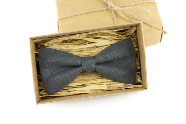 Dark Gray color classic linen bow ties for men and kids / Pre-tied best men ties available with matching handkerchief