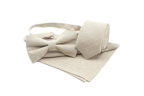 BEIGE color linen bow ties and neckties for men and boys available with matching pocket square / BEIGE color ties for rustic weddings