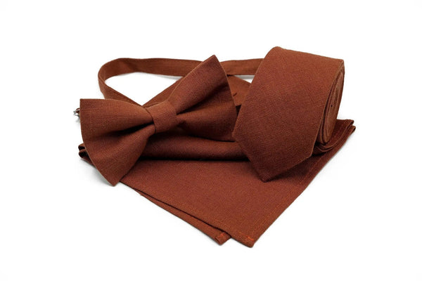 RUST color linen bow ties and neckties for men available with matching pocket square for weddings as groomsmen gift or gift for men