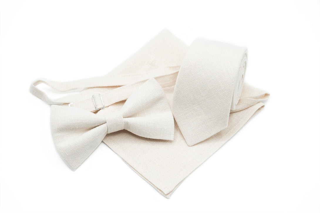 IVORY color linen wedding bow ties for groomsmen and groom / IVORY color bow ties for men and boys available with matching pocket square