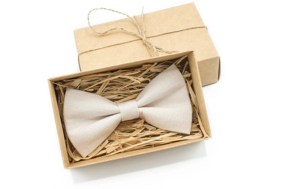 Ivory color linen wedding bow ties for groomsmen proposal gift / Anniversary gift for husband and boyfriend