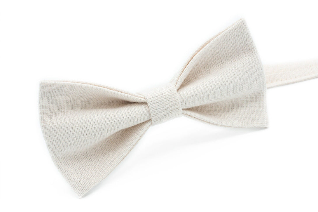 Ivory pre-tied men's bow ties available with matching handkerchief and made from eco-friendly linen