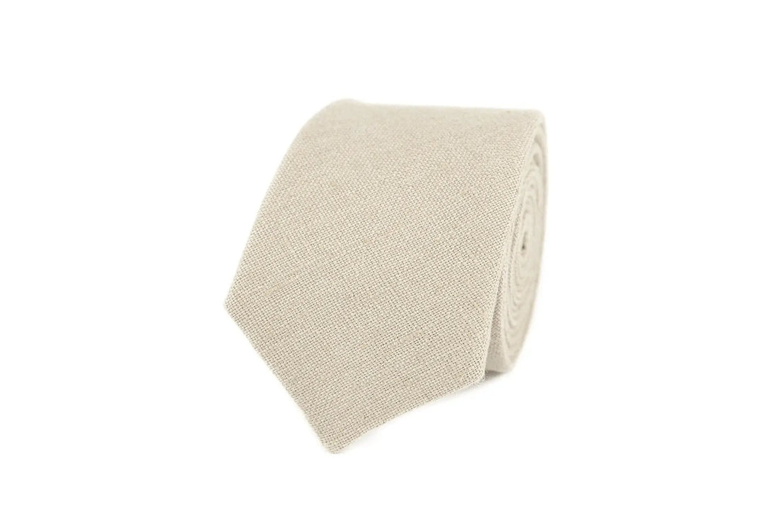 Beige color linen ties for men available with matching pocket square / Skinny and slim neckties